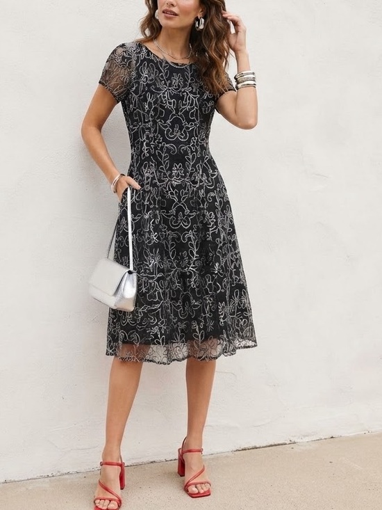 Ignite Evenings Dresses & Skirts - Ignite Evenings Black & Silver Embroidered Mesh Formal Midi Dress❤️
